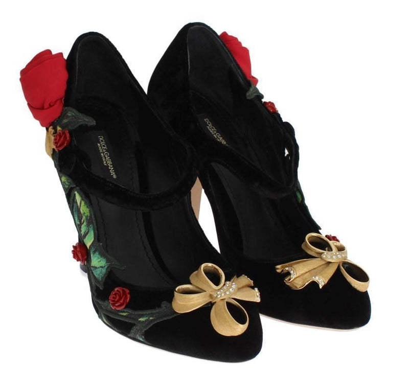 Black Velvet Roses Mary Janes Pumps Shoes for Women with Gold Bow