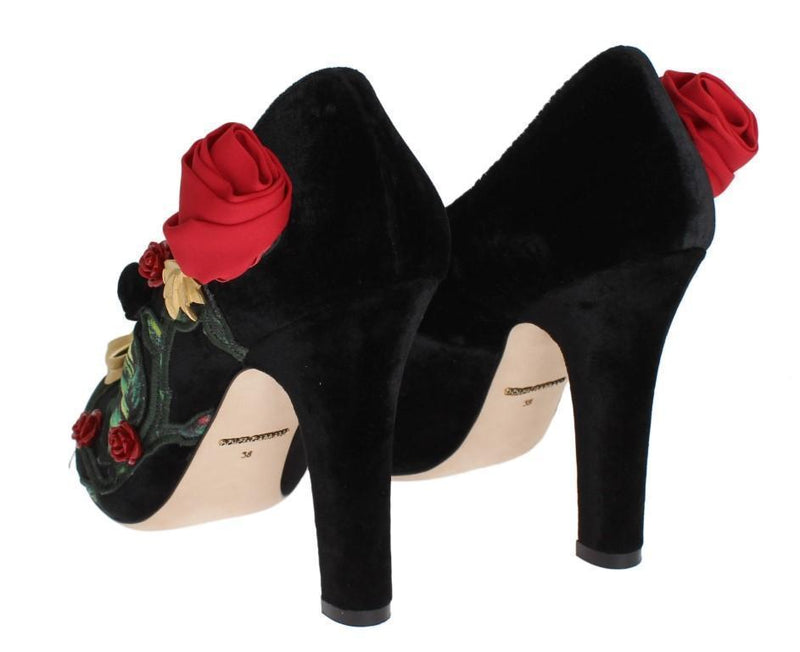 Black Velvet Roses Mary Janes Pumps Shoes for Women with Gold Bow