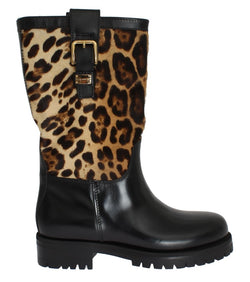 Black Leather Leopard Print Hair Boots