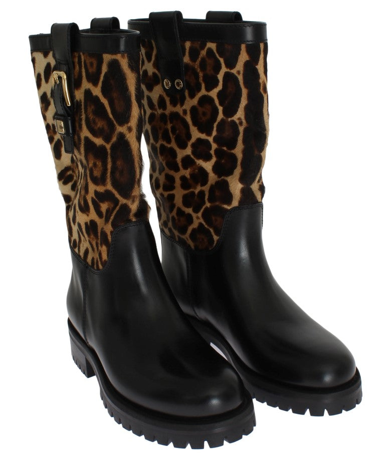 Black Leather Leopard Print Hair Boots