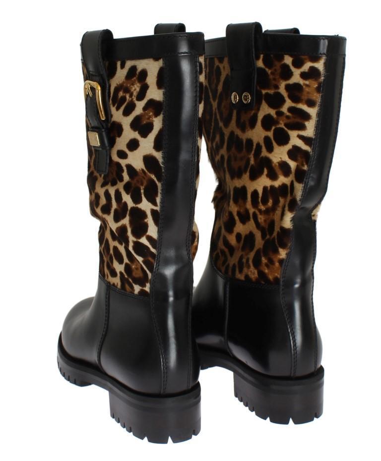 Black Leather Leopard Print Hair Boots