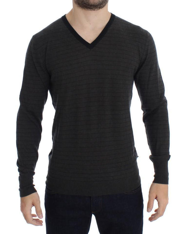 Gray Black Striped V-neck Sweater