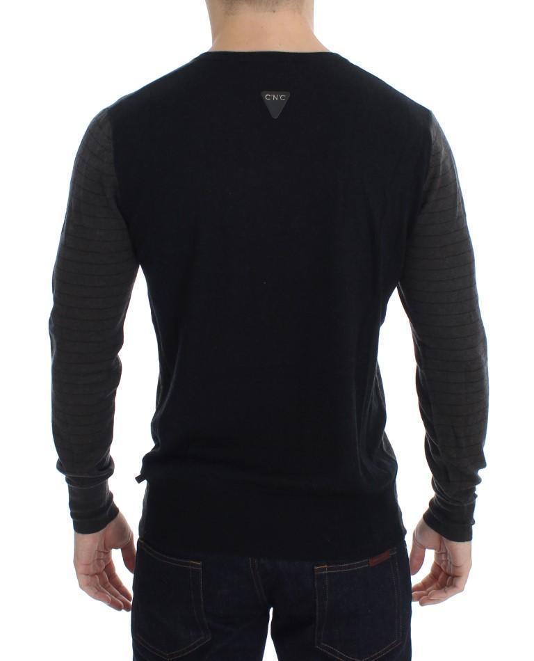Gray Black Striped V-neck Sweater