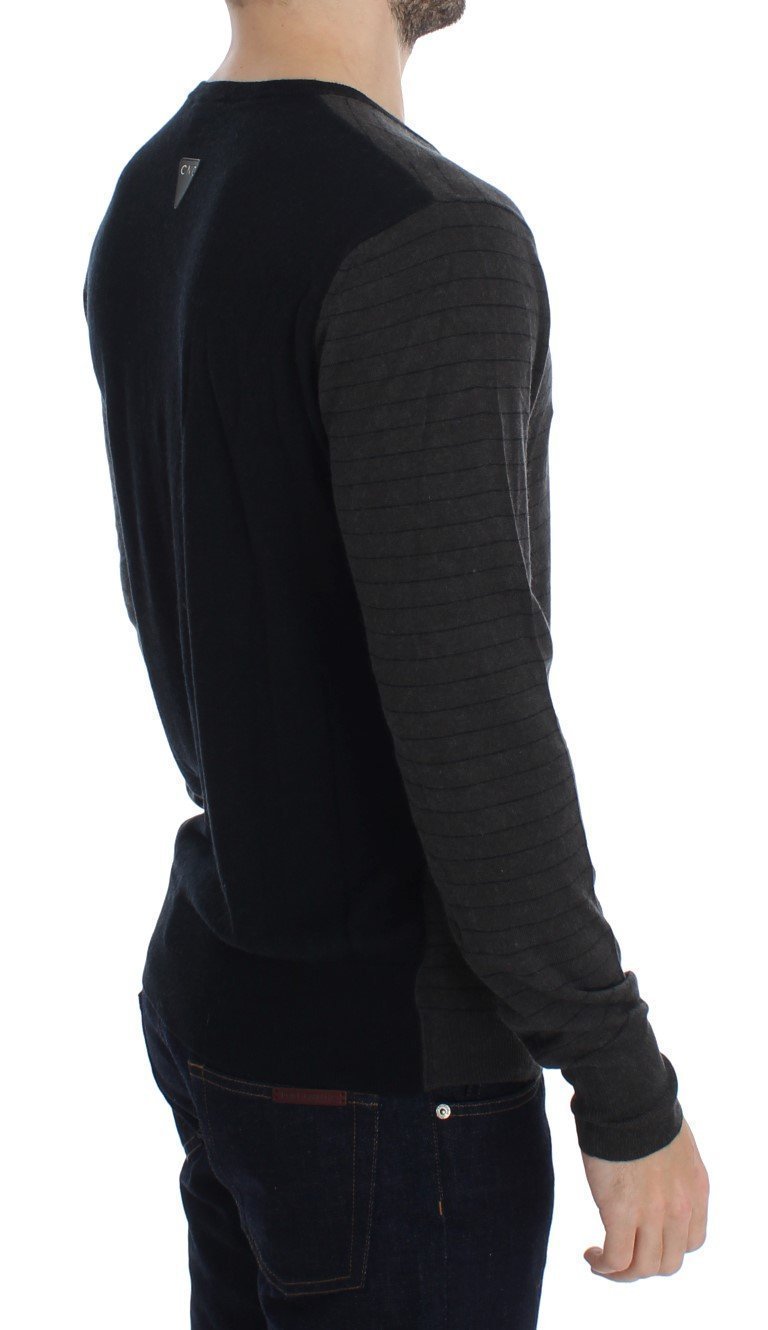 Gray Black Striped V-neck Sweater
