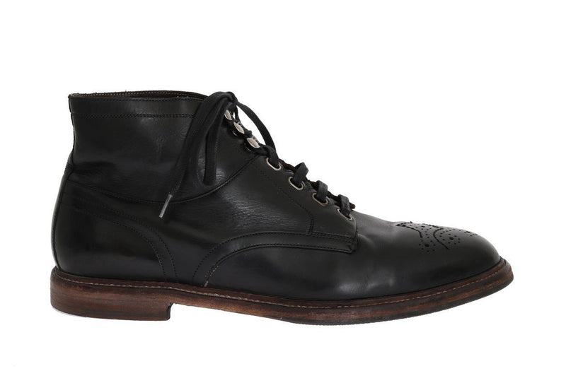 Black Leather Ankle Lace Up Boots