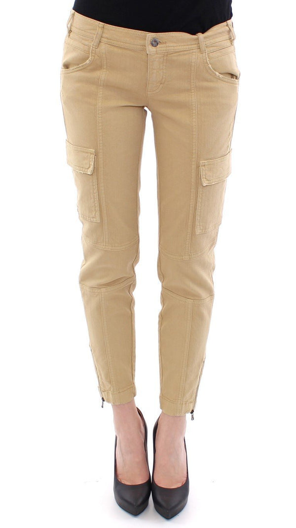 Beige Cotton Cargo Cropped Pants