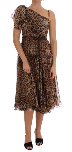 Brown Leopard Silk One Shoulder Dress