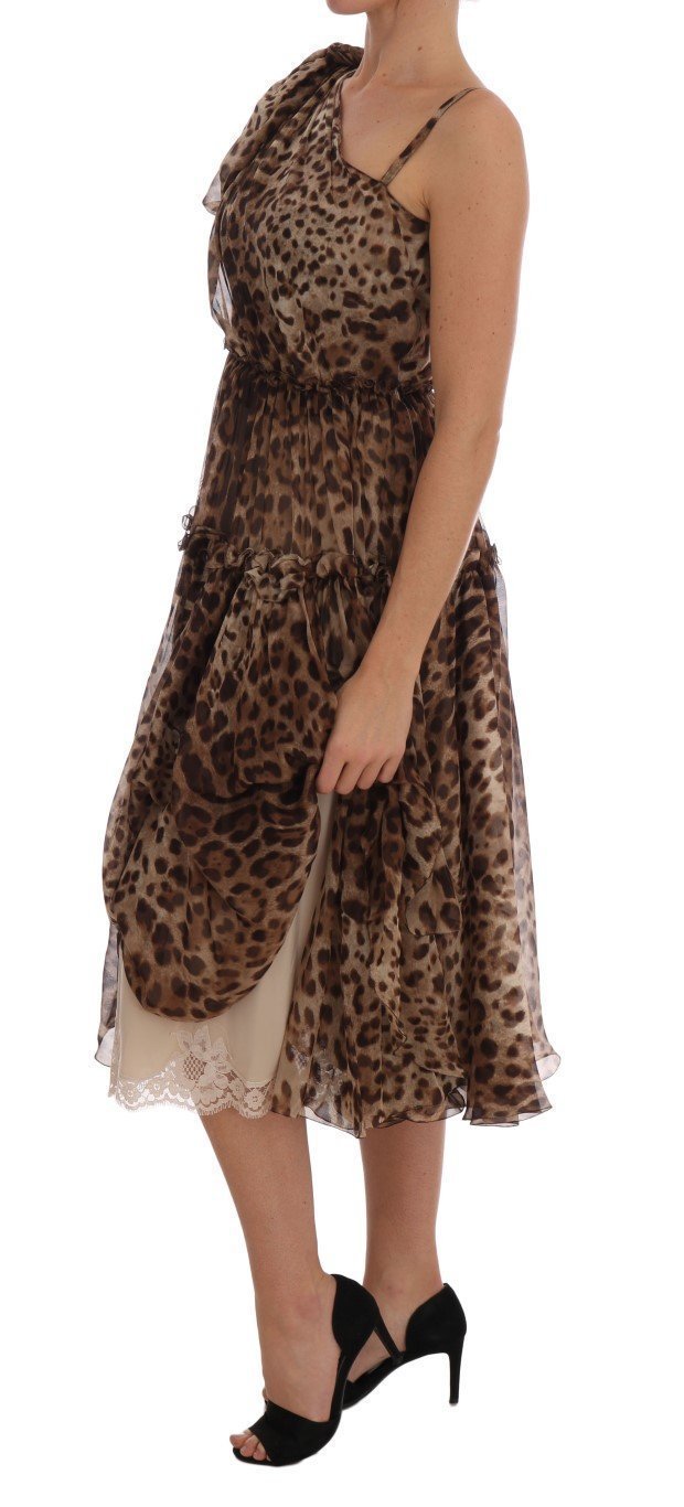 Brown Leopard Silk One Shoulder Dress