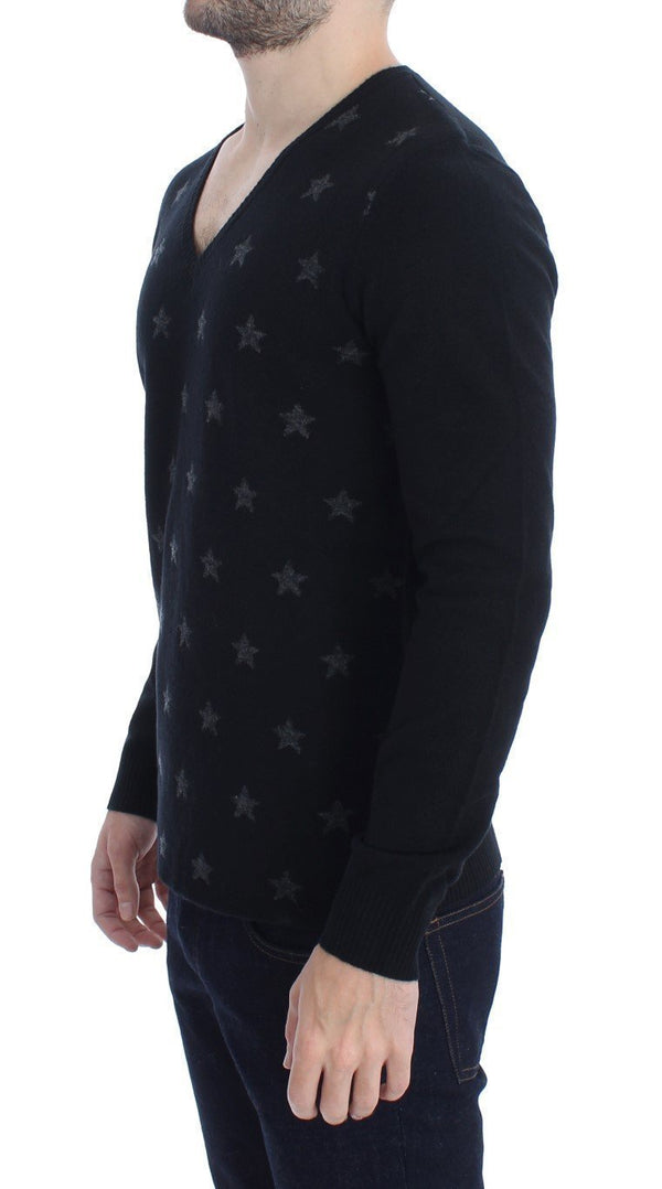 Black Gray Star Print V-neck Sweater