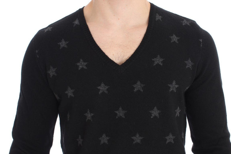 Black Gray Star Print V-neck Sweater