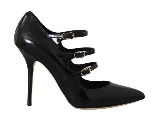 Black Leather Stiletto Mary Janes Shoes