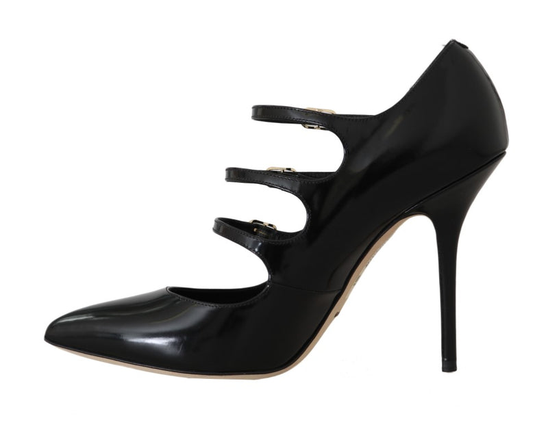 Black Leather Stiletto Mary Janes Shoes