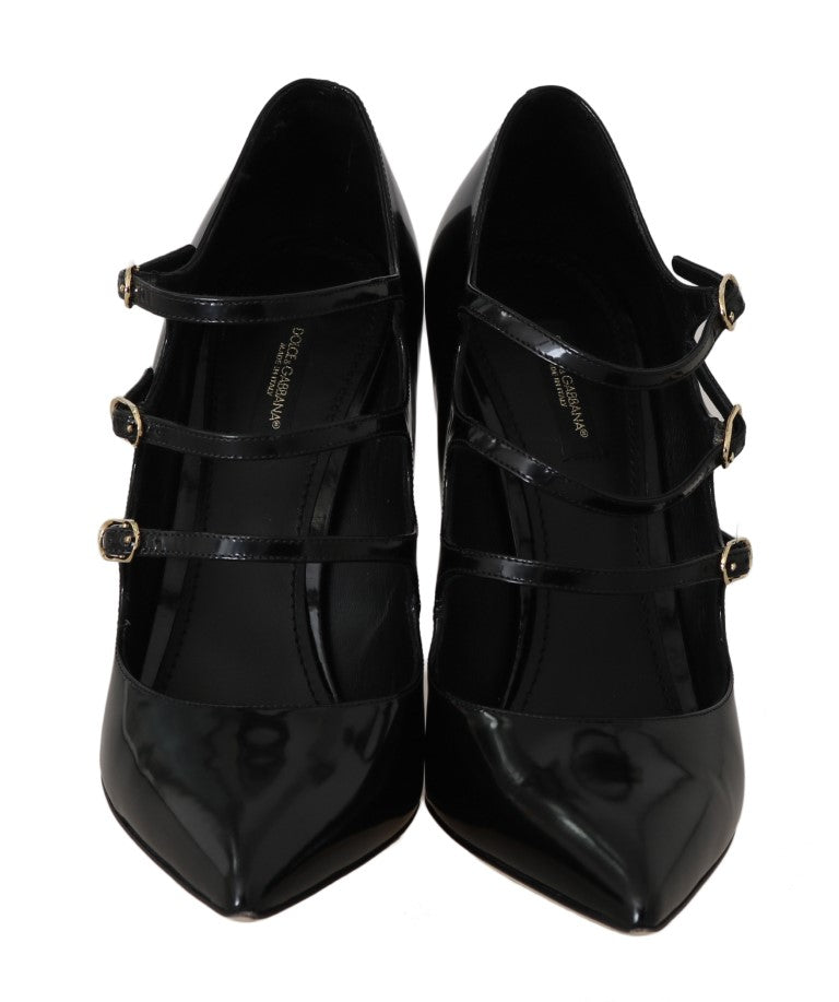 Black Leather Stiletto Mary Janes Shoes