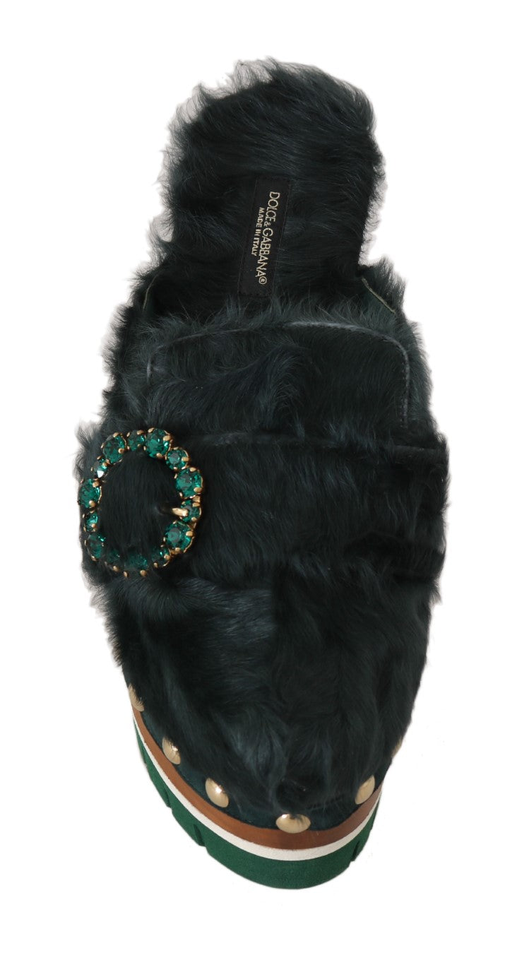 Black Green Xiangao Fur Crystal Mules