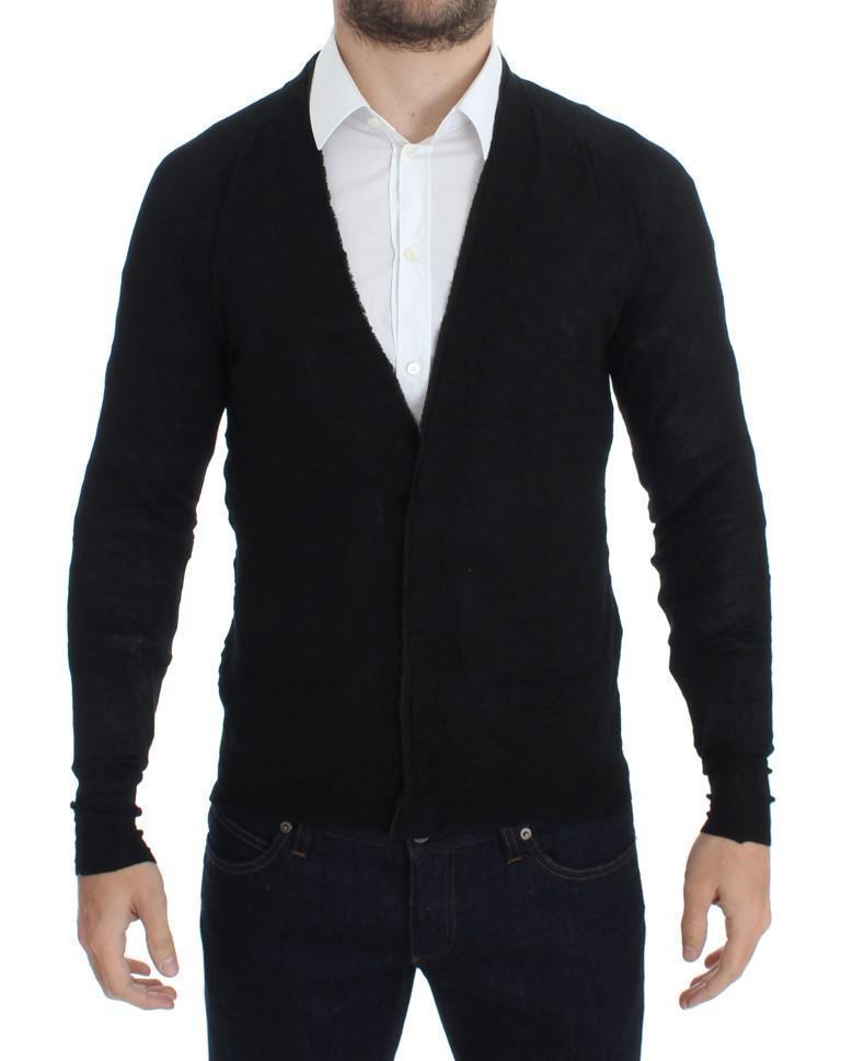 Black Fine Wool Button Cardigan