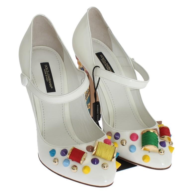 Designer Pumps - White Leather Crystal Studded Mary Janes Pumps Shoes