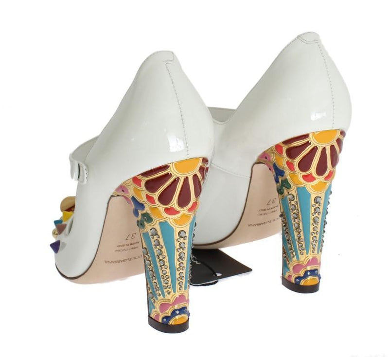 Designer Pumps - White Leather Crystal Studded Mary Janes Pumps Shoes