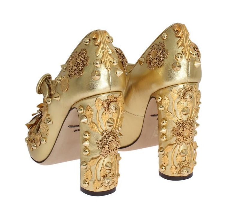 Gold Leather Floral Studded Pumps