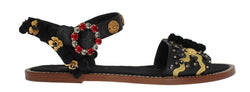 Black Leather Pom Pom Crystal Sandals