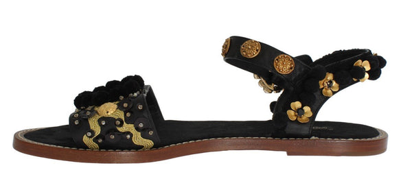 Black Leather Pom Pom Crystal Sandals