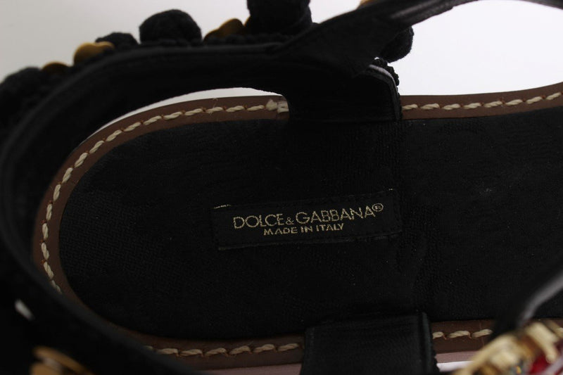 Black Leather Pom Pom Crystal Sandals