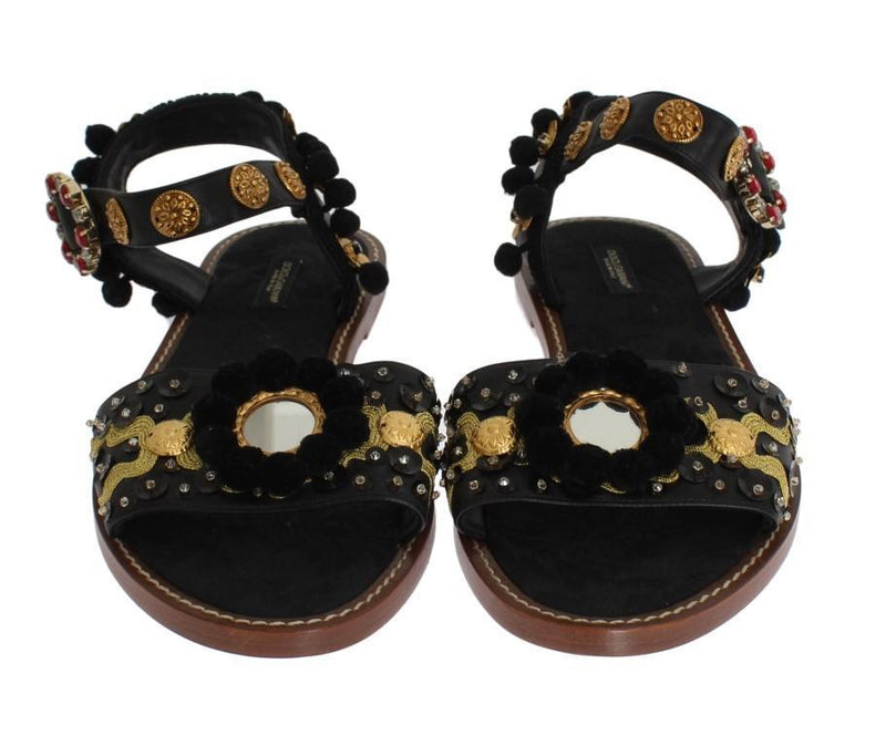 Black Leather Pom Pom Crystal Sandals