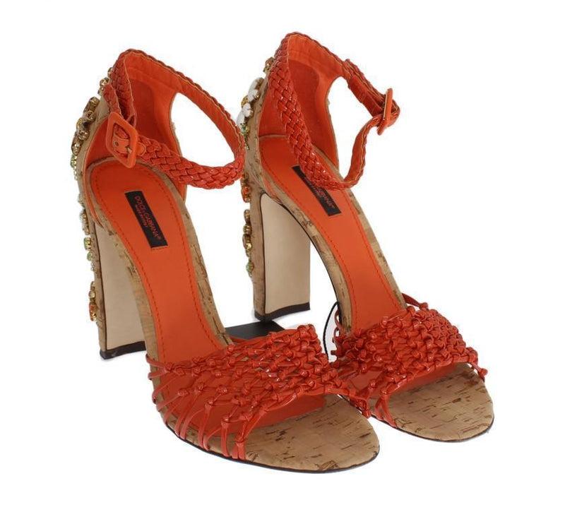 Orange Leather Cork Crystal Sandals