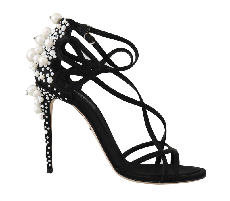 Black Lace Silk Pearl Sandals