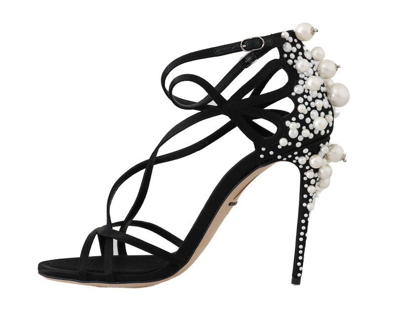 Black Lace Silk Pearl Sandals