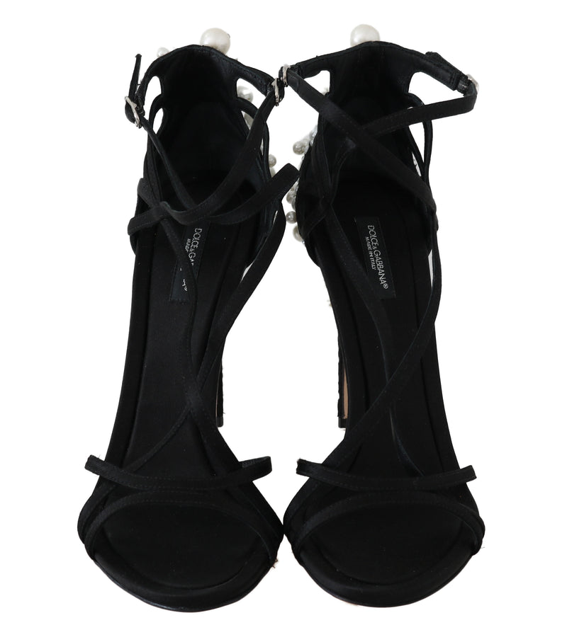 Black Lace Silk Pearl Sandals