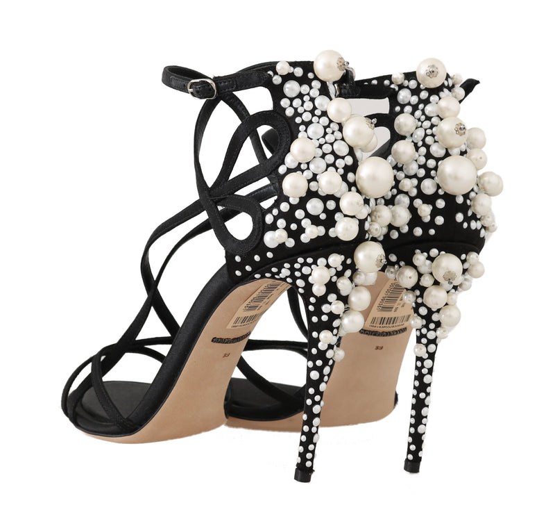 Black Lace Silk Pearl Sandals