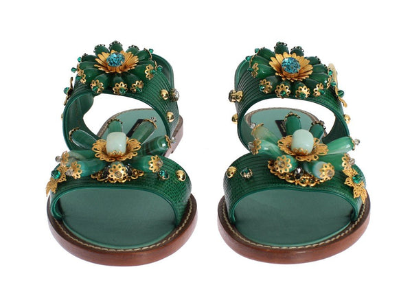 Green Leather Crystal Sandals