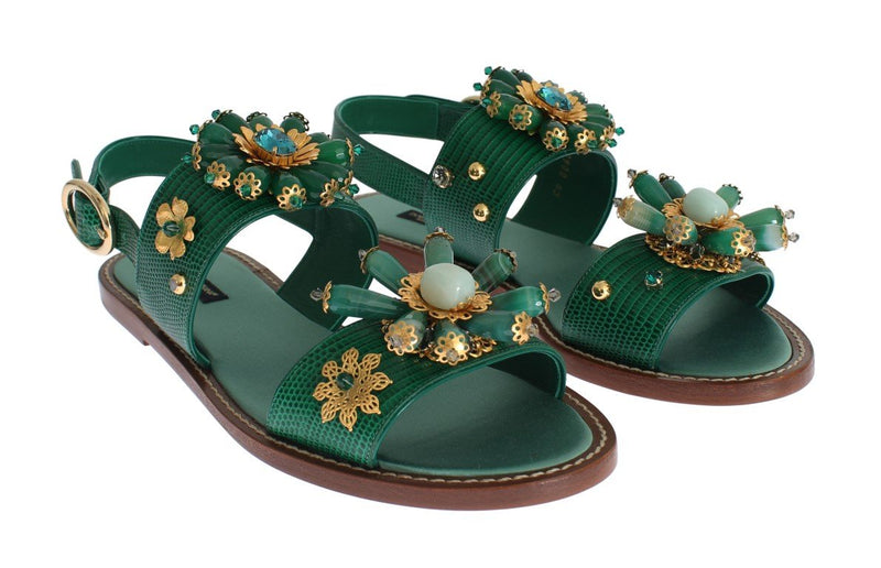 Green Leather Crystal Sandals