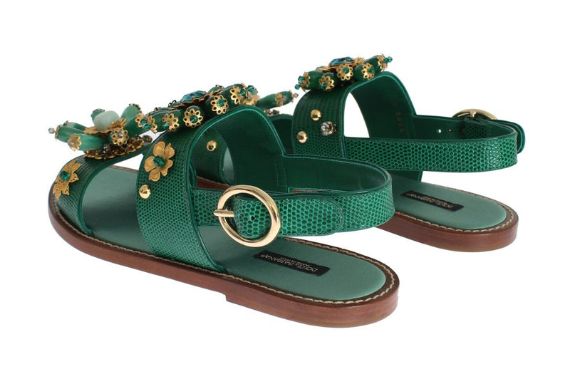 Green Leather Crystal Sandals