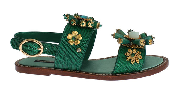 Green Leather Crystal Sandals