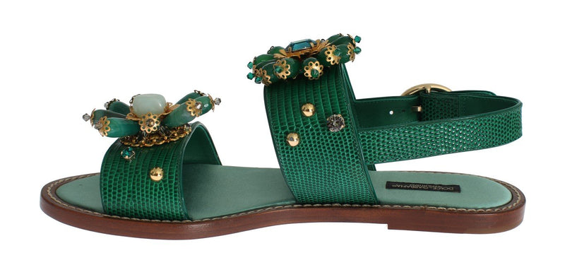 Green Leather Crystal Sandals