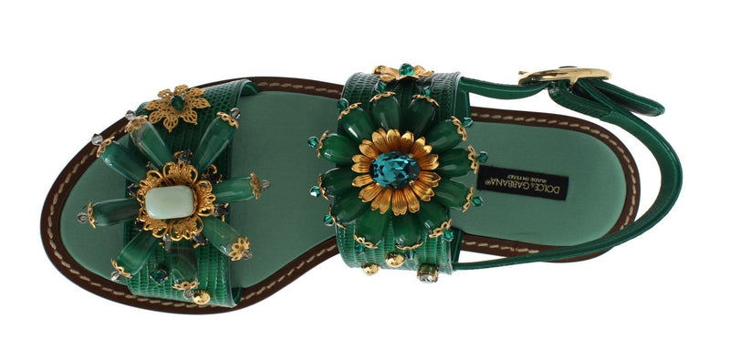 Green Leather Crystal Sandals
