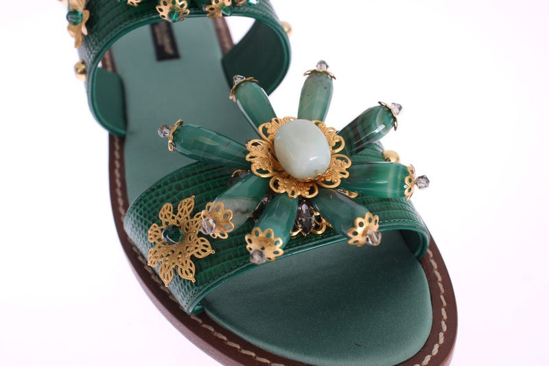 Green Leather Crystal Sandals