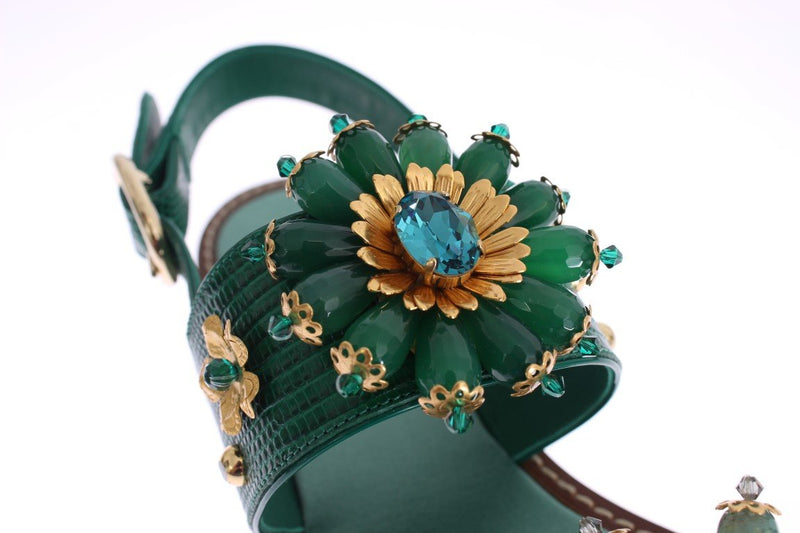 Green Leather Crystal Sandals