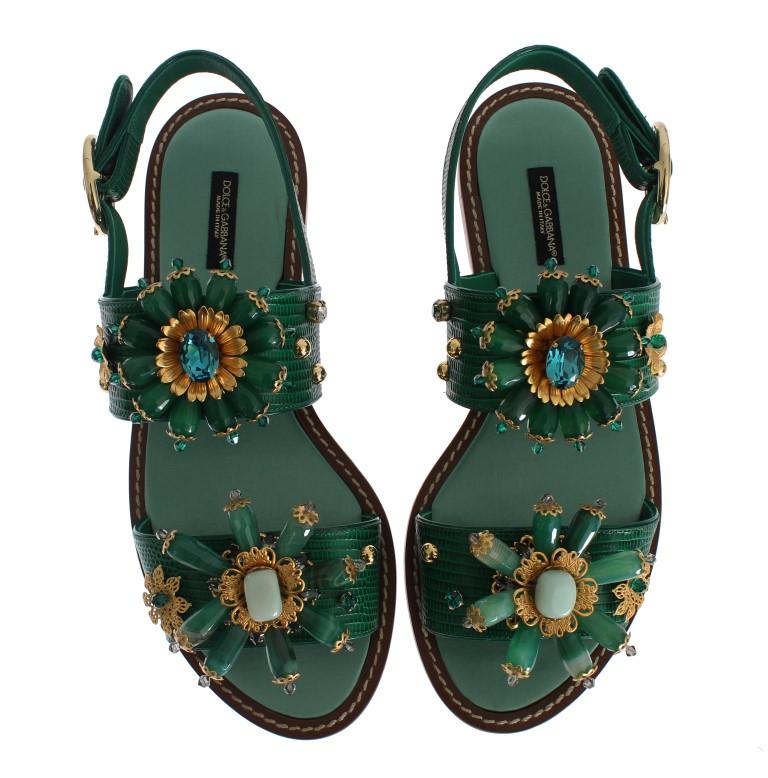 Green Leather Crystal Sandals