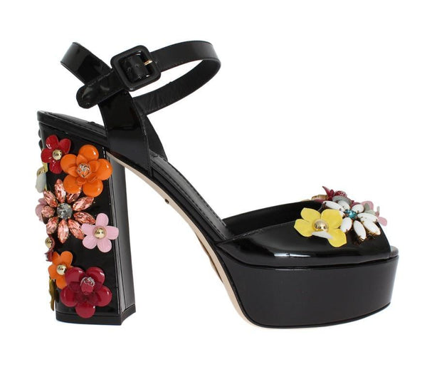 Black Leather Crystal Sandals