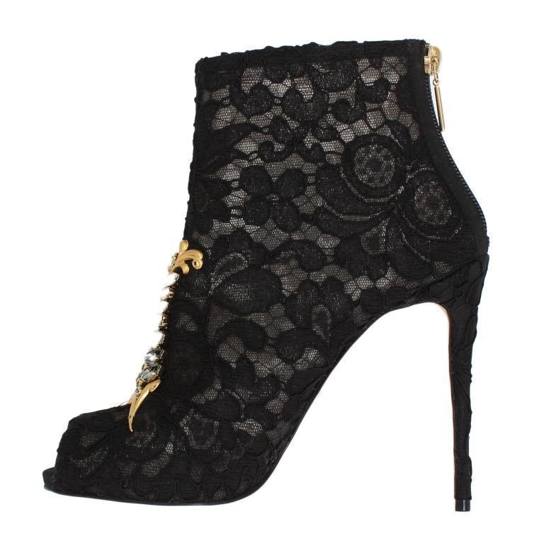 Black Crystal Lace Booties Stilettos Shoes