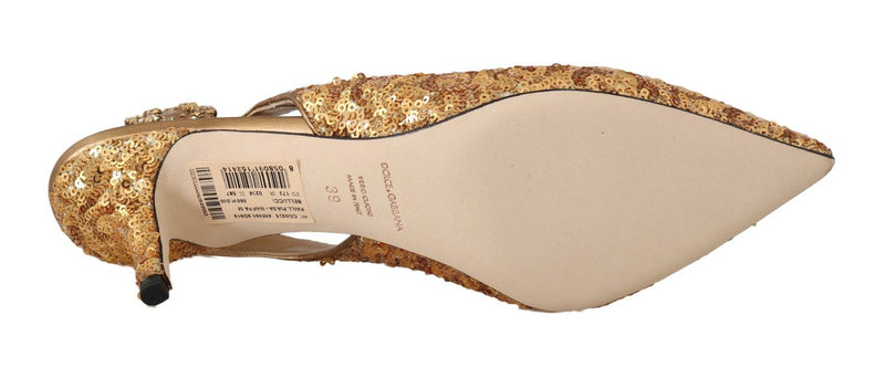 Gold Sequined Leather Slingbacks Shoes