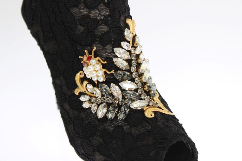 Black Crystal Lace Booties Stilettos Shoes