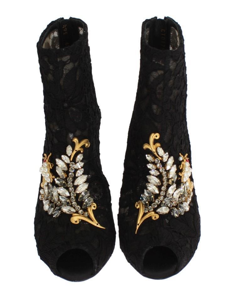 Black Crystal Lace Booties Stilettos Shoes