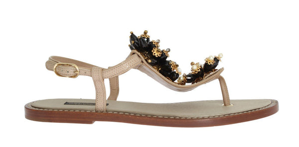 Beige Leather Crystal Floral Sandal