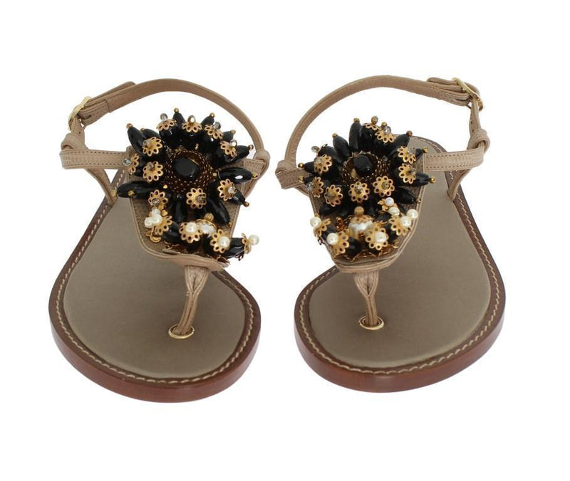 Beige Leather Crystal Floral Sandal