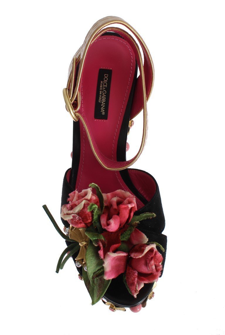 Black Leather Floral Crystal Platform Shoes