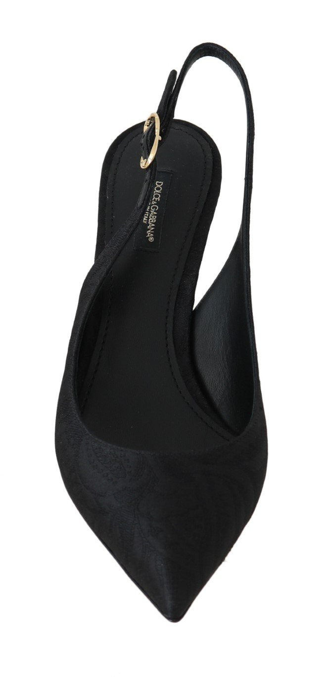 Black Brocade Slingbacks Buckle Shoes