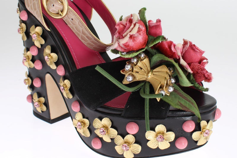 Black Leather Floral Crystal Platform Shoes
